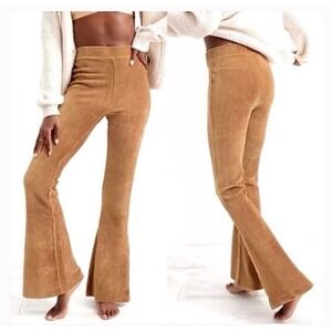 Aerie Groove On‎ Velour Ribbed Flare Pants High Waist Brown Gold Small women's